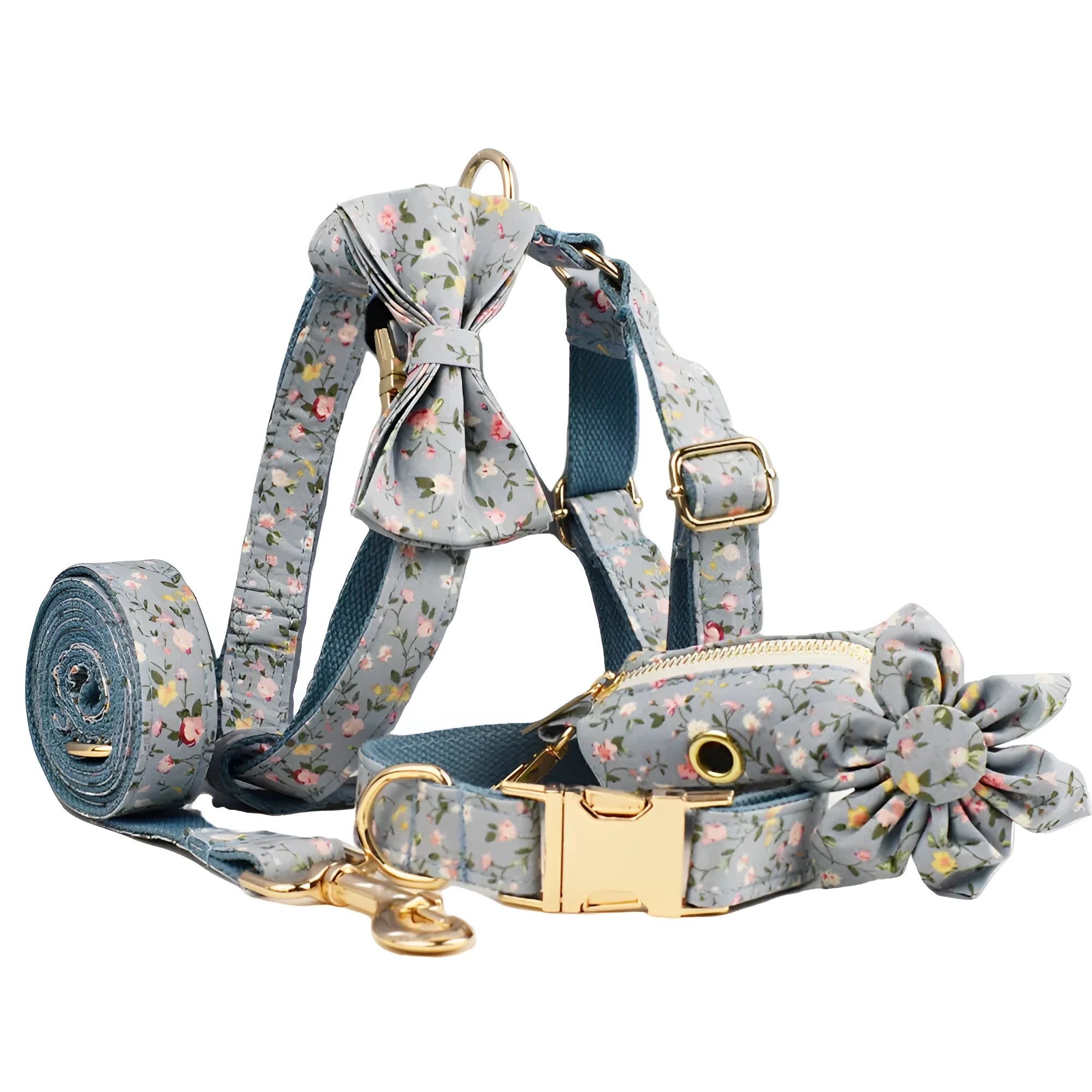 Blue floral polyester cotton dog collar set with matching leash, bow tie and vest accessories