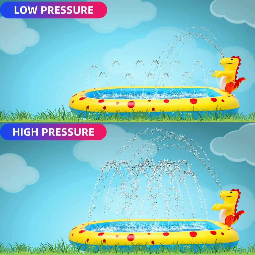 Blue dinosaur-themed inflatable water play pool with spray features for children's outdoor use