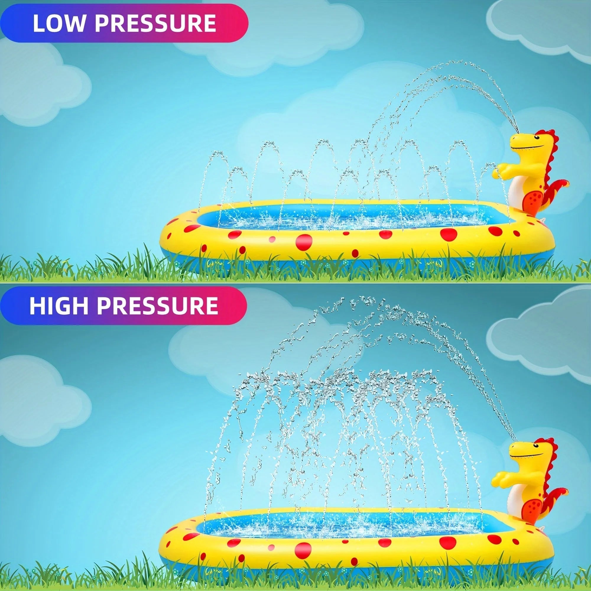 Blue dinosaur-themed inflatable water play pool with spray features for children's outdoor use