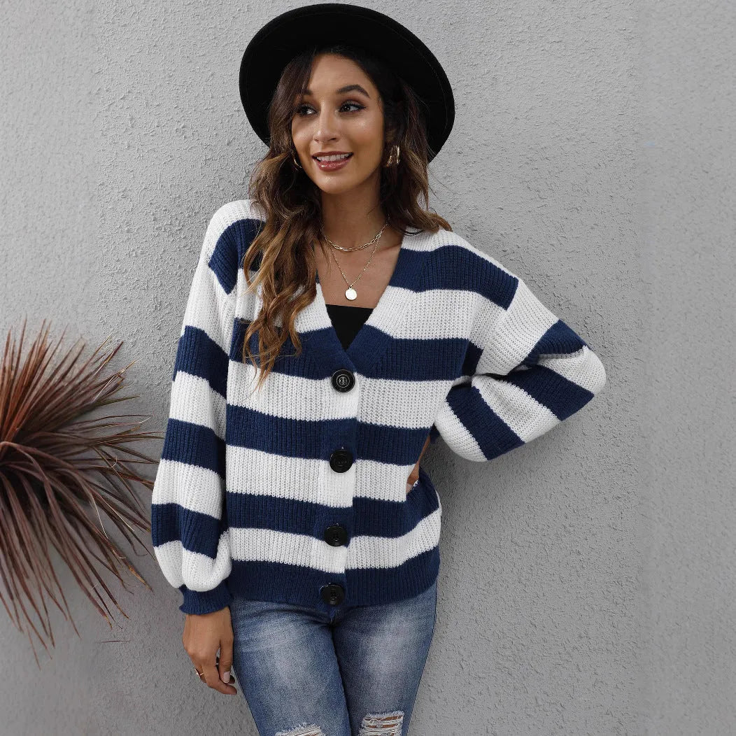 Women's striped cardigan in deer plush polyester with button front and woven stitching detail
