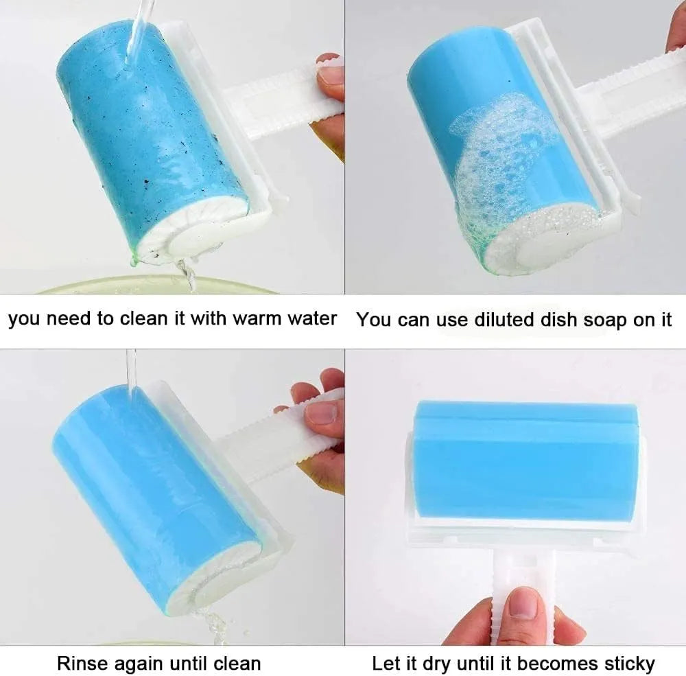 Blue reusable washable lint roller with protective cover for removing pet hair from clothes