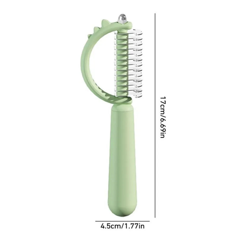 Blue dinosaur-shaped cat brush with stainless steel bristles and self-cleaning button
