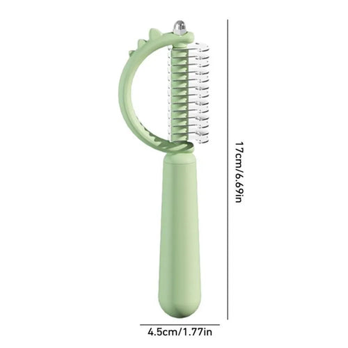 Blue dinosaur-shaped cat brush with stainless steel bristles and self-cleaning button