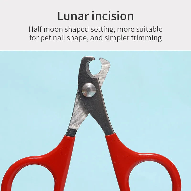 Stainless steel pet nail clippers with plastic and rubber handle for trimming cat and dog claws