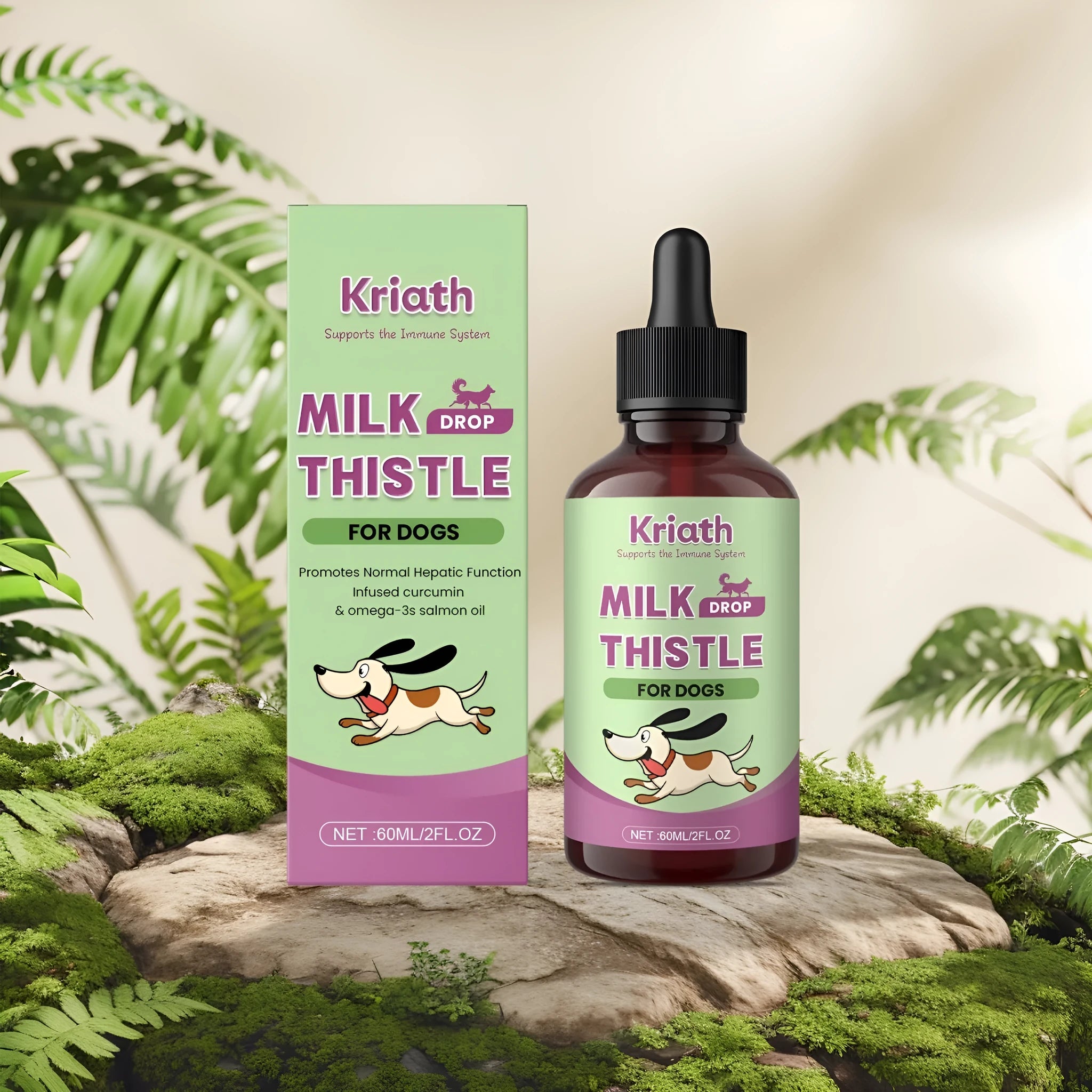 60ml bottle of dog milk thistle and turmeric extract nutrient solution with omega-3.