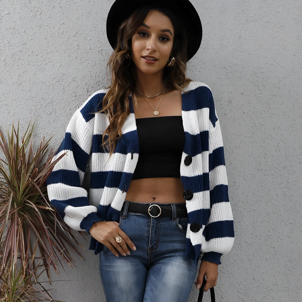 Women's striped cardigan in deer plush polyester with button front and woven stitching detail