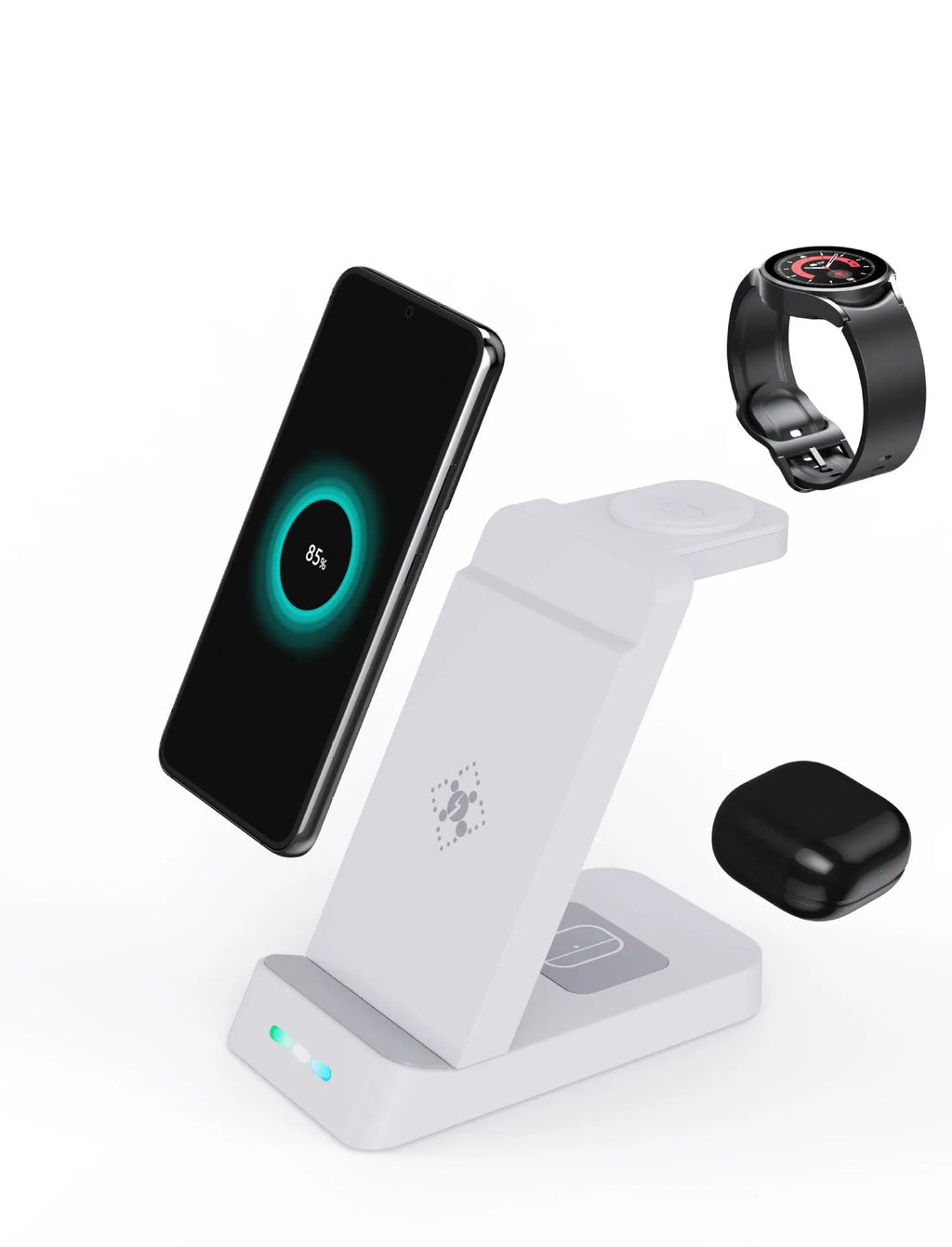 Black 3-in-1 wireless charging station for phone, AirPods and iWatch on a desk.