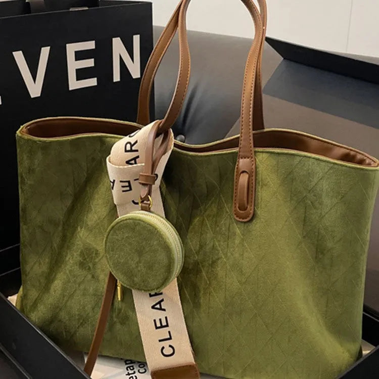 Large capacity soft polyester shoulder tote bag in horizontal square shape with sandwich pockets