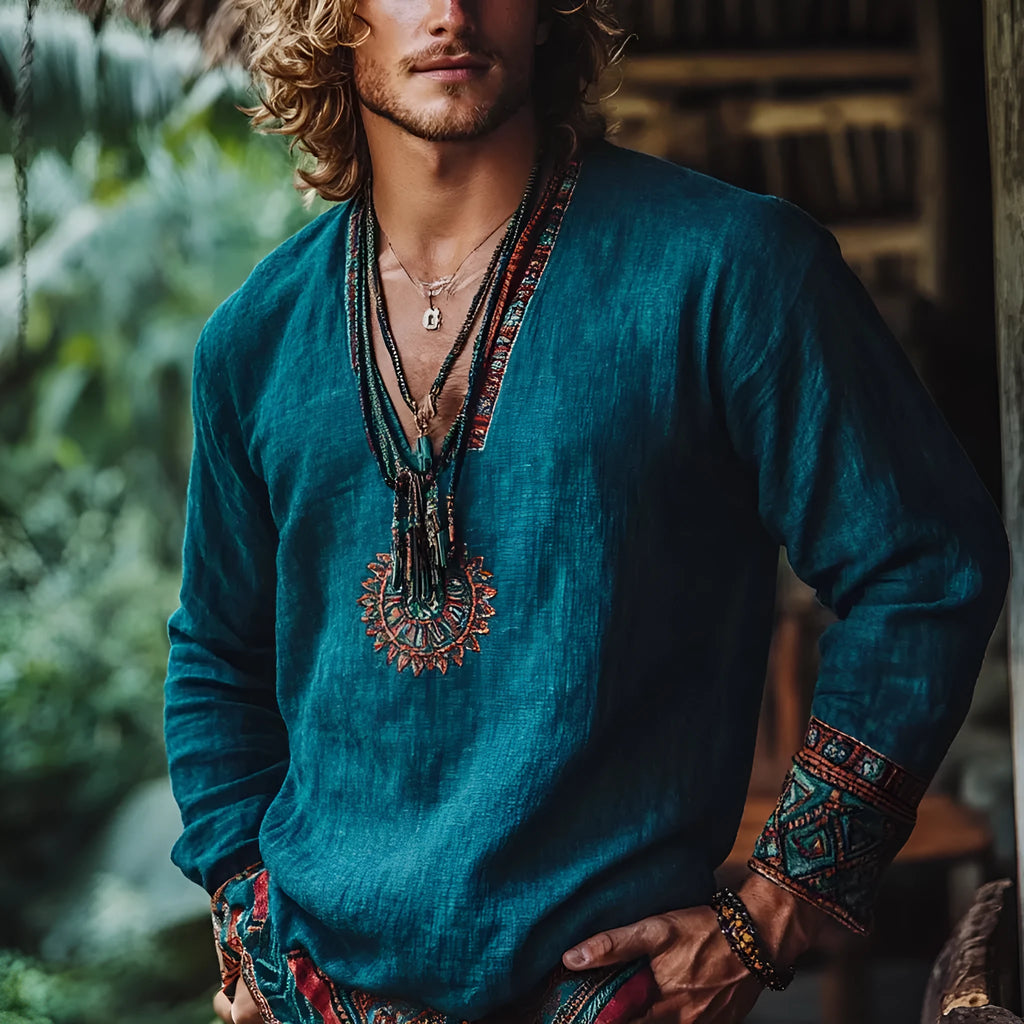 Vintage printed boho style long sleeve top in pullover design with European retro aesthetic
