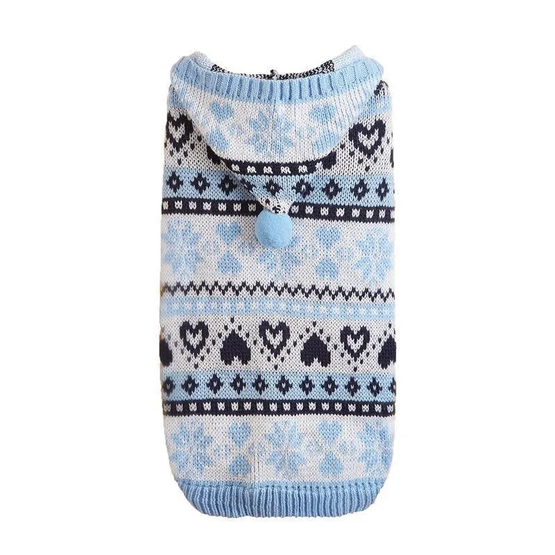 Knitted acrylic dog sweater with striped camouflage pattern and snowflake love design for small breeds
