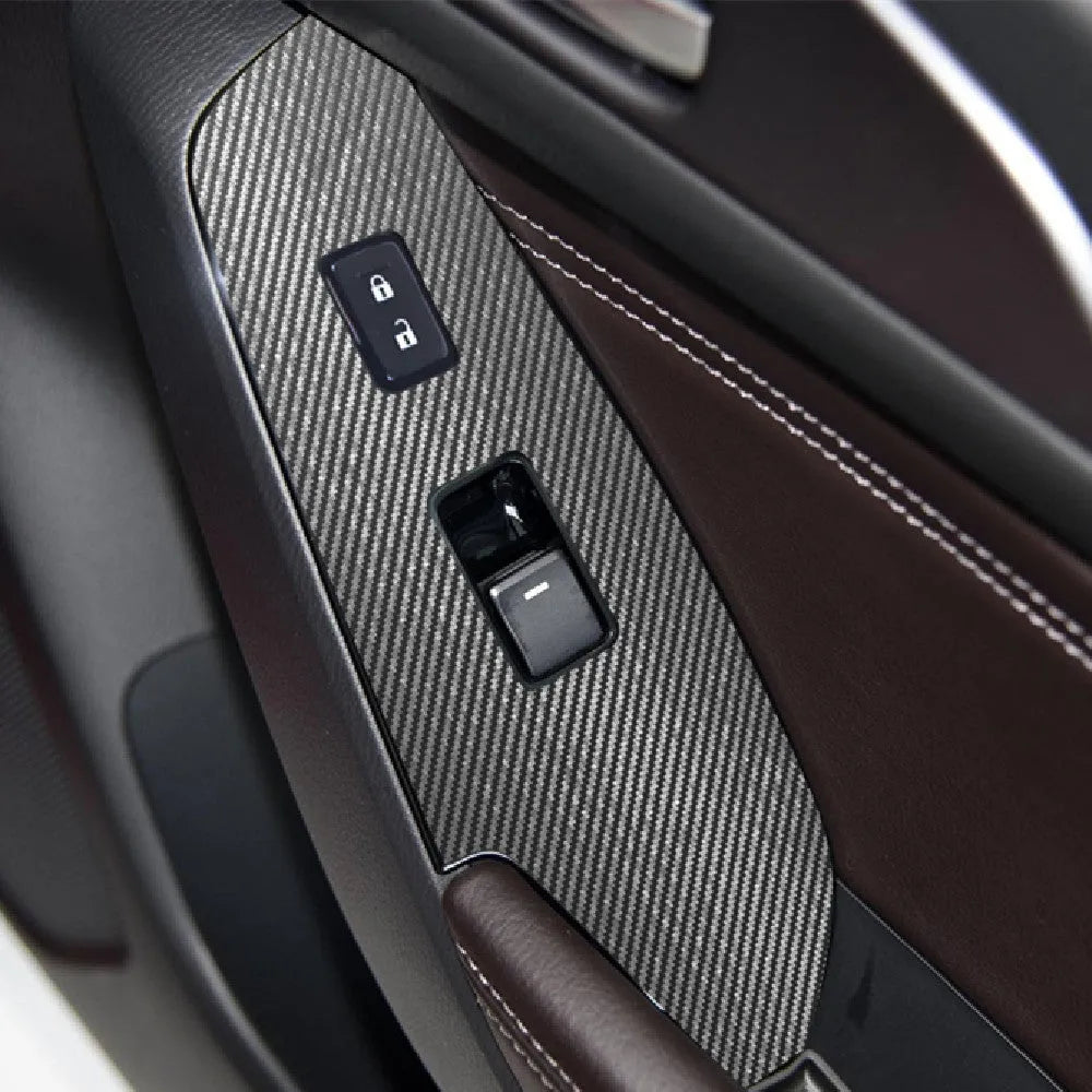 TPU protective film set for Ford Mustang door control panel switches in transparent, carbon fibre and matte black finishes