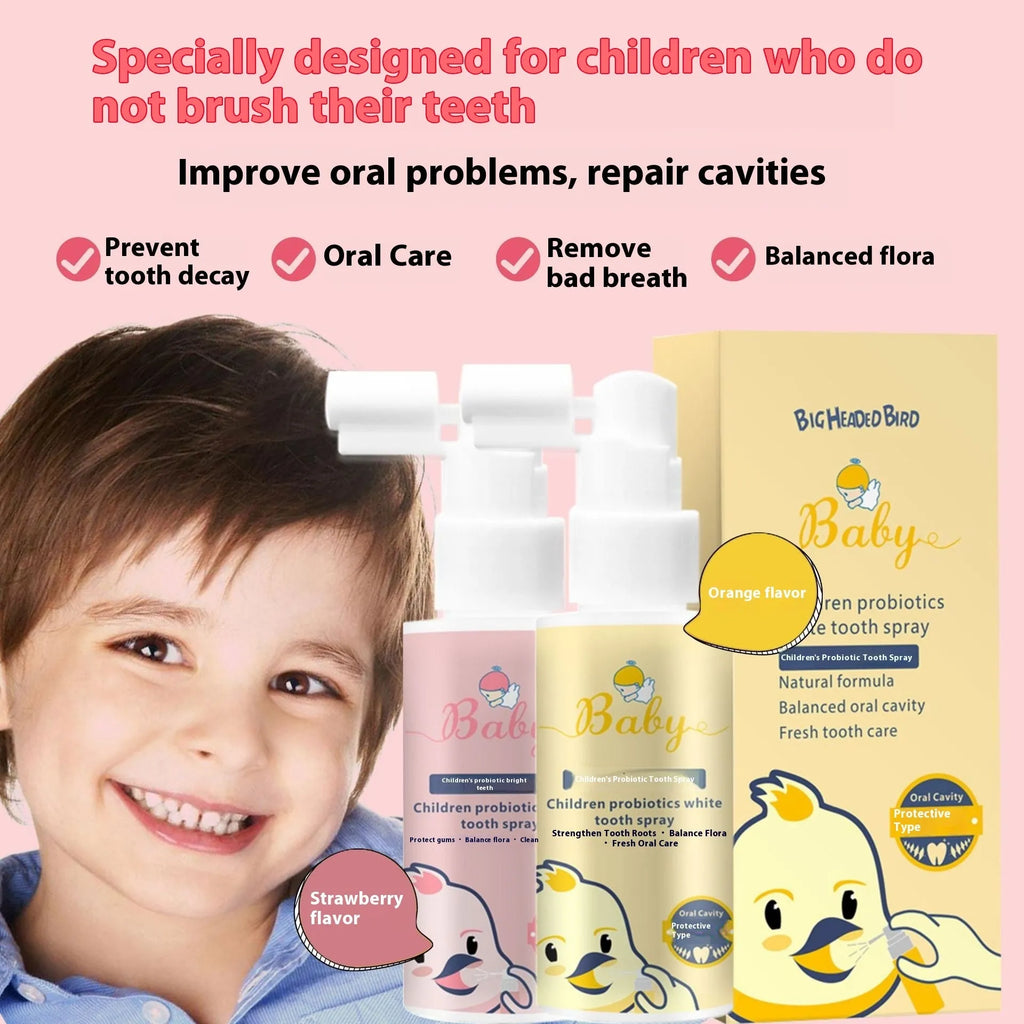 Children's probiotic white teeth cleaning spray in strawberry and orange flavours, 40ml bottle