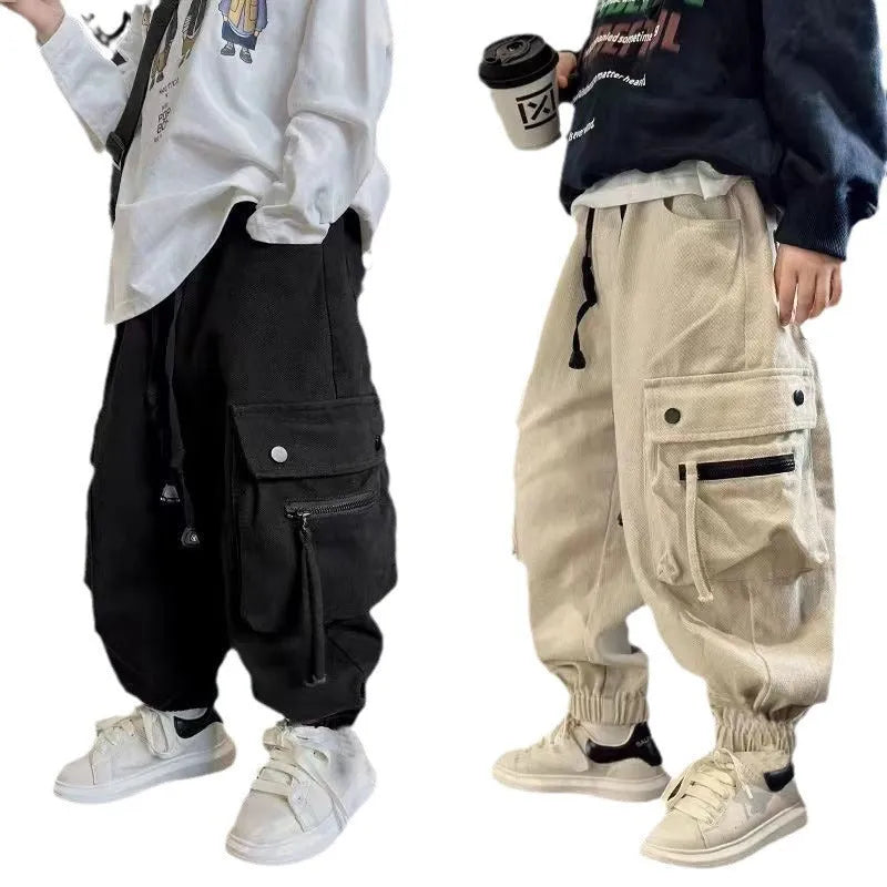 Children's cotton workwear trousers in beige and black for spring autumn