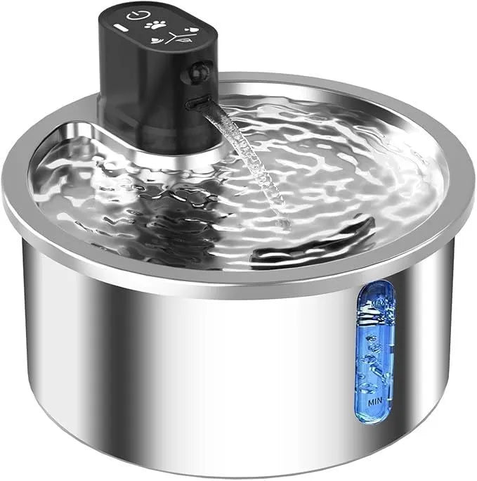 Black and white heated pet water fountain with stainless steel basin on a temperature control base.