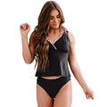 Black one-piece sleeveless swimsuit for women on a mannequin, showing the solid colour and split design.