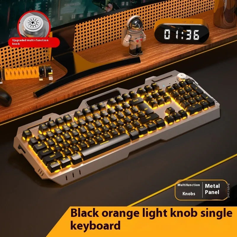 Aluminium mechanical gaming keyboard with a silver black finish and a central control knob.