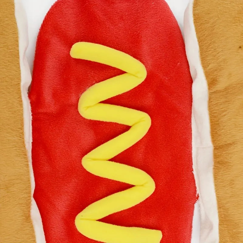 A small dog wearing a stuffed hot dog costume with a padded sausage midsection.