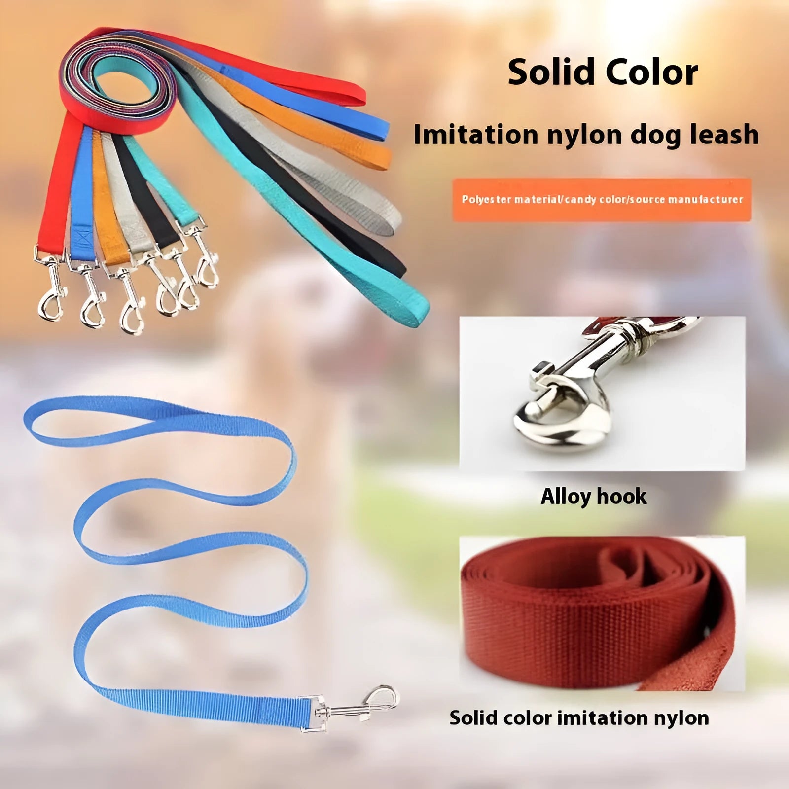 Solid colour dog lead rope in hand-holding loop design with various colour options displayed