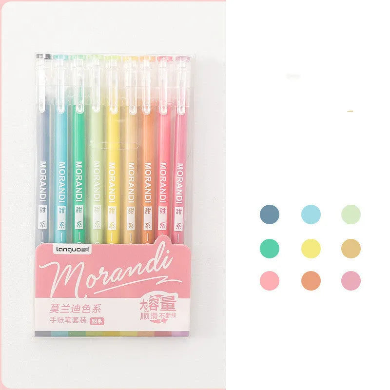 Set of nine retro-style Japanese gel pens with needle tips, shown in a choice of four colour series.