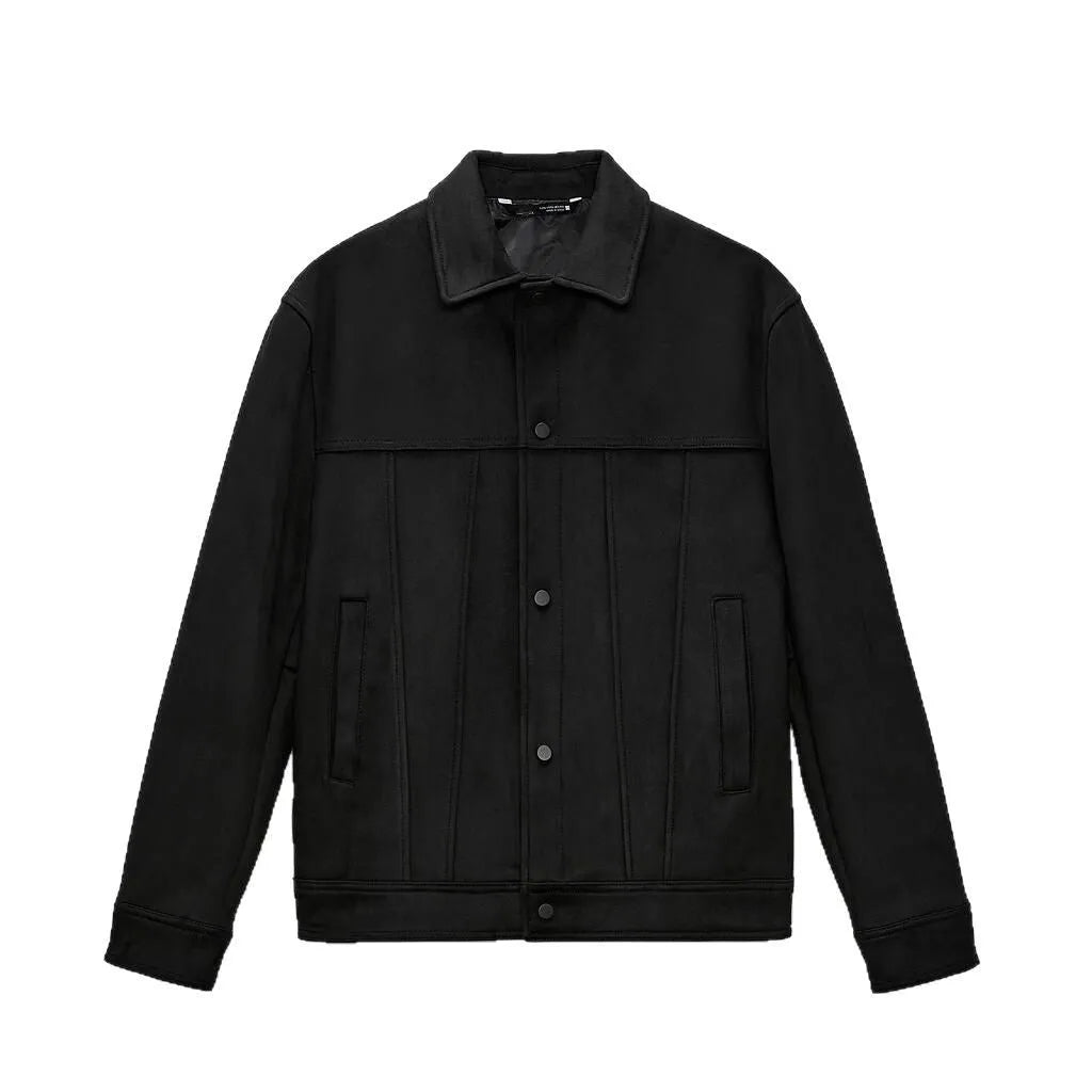 Men's black hooded casual jacket with a suede collar, shown on a model.