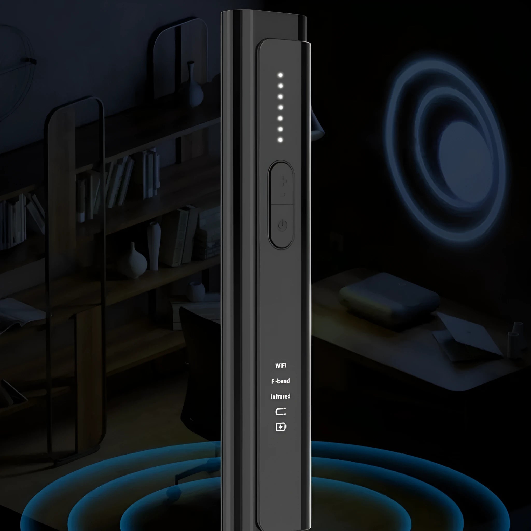 Black or silver plastic Signal Search anti-spy camera detector showing its compact size.