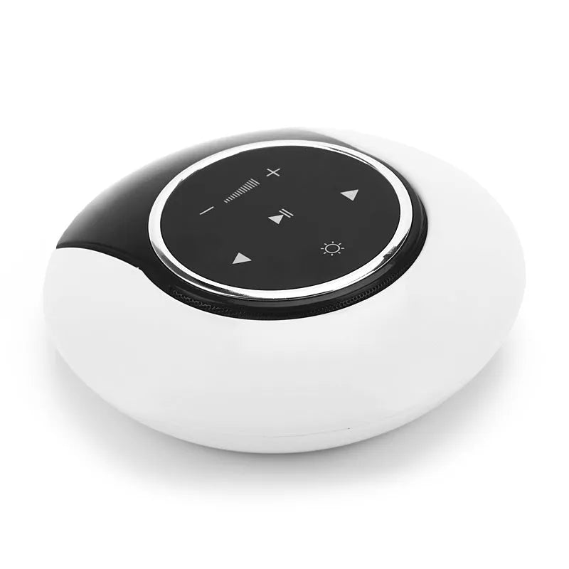 Blue Bluetooth desk lamp speaker with touch controls showing white, yellow, and blue lighting options
