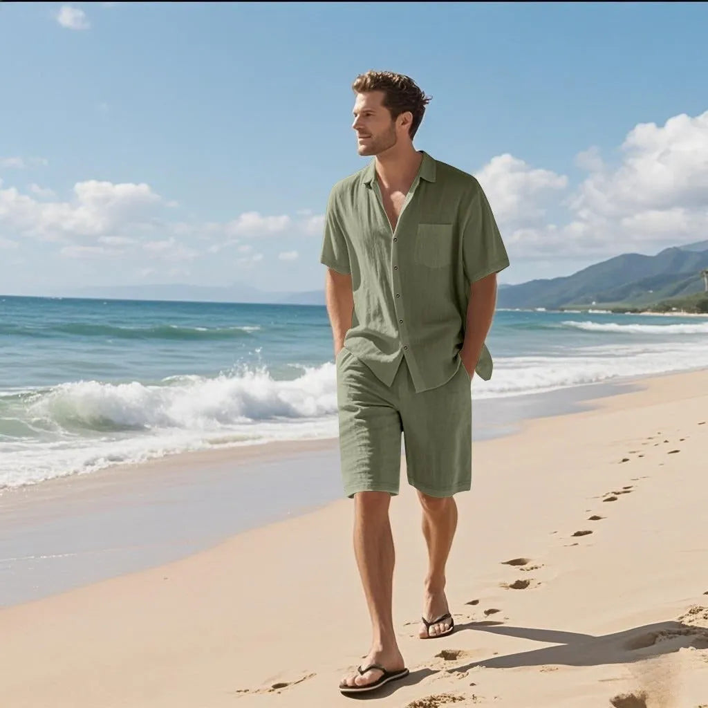 Man's light blue linen blend short-sleeve shirt and matching shorts casual beach set.