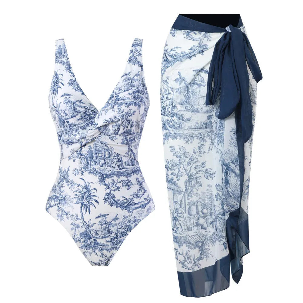 Conservative vintage print one-piece swimsuit with short sleeves in yellow flower pattern