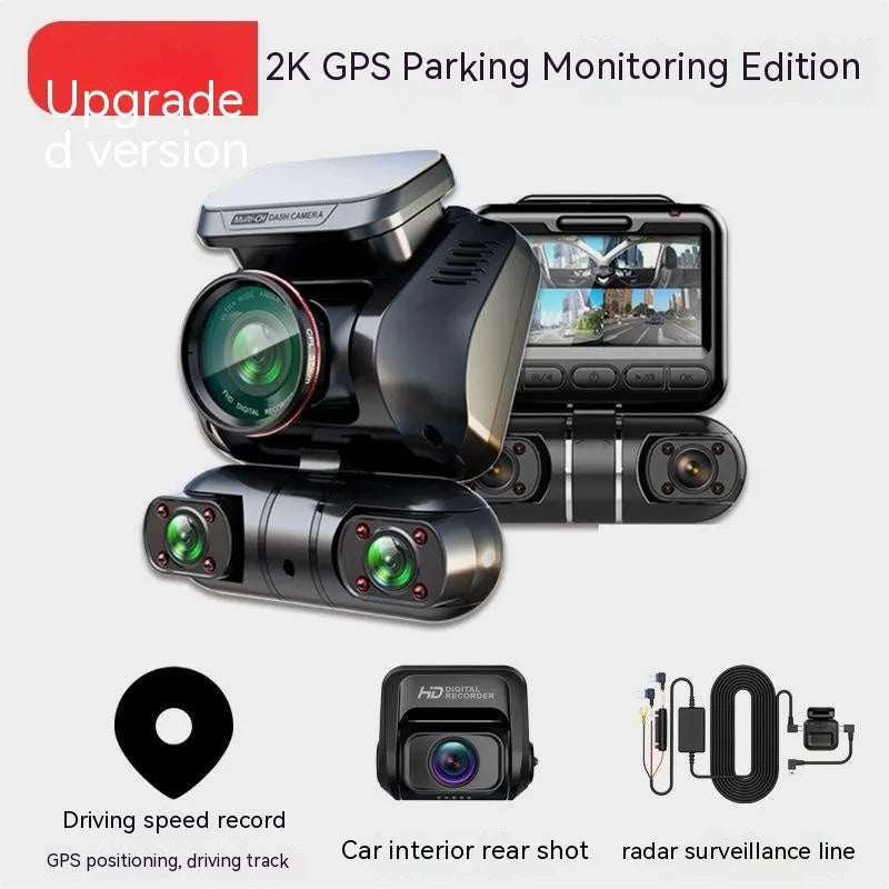 Compact black plastic car dash cam with four lenses and a 2-inch screen for GPS logging and parking surveillance.