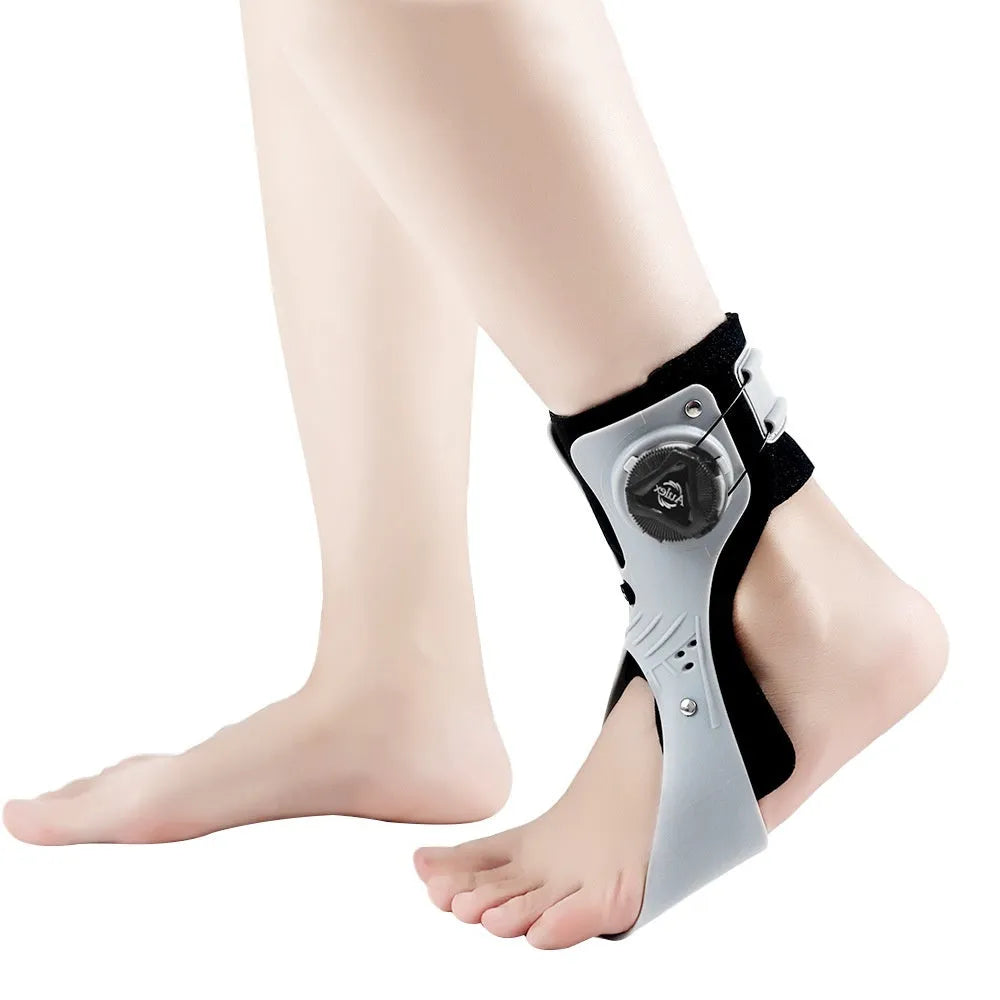 Grey or black ankle fixation brace with airbag button support showing left and right foot models