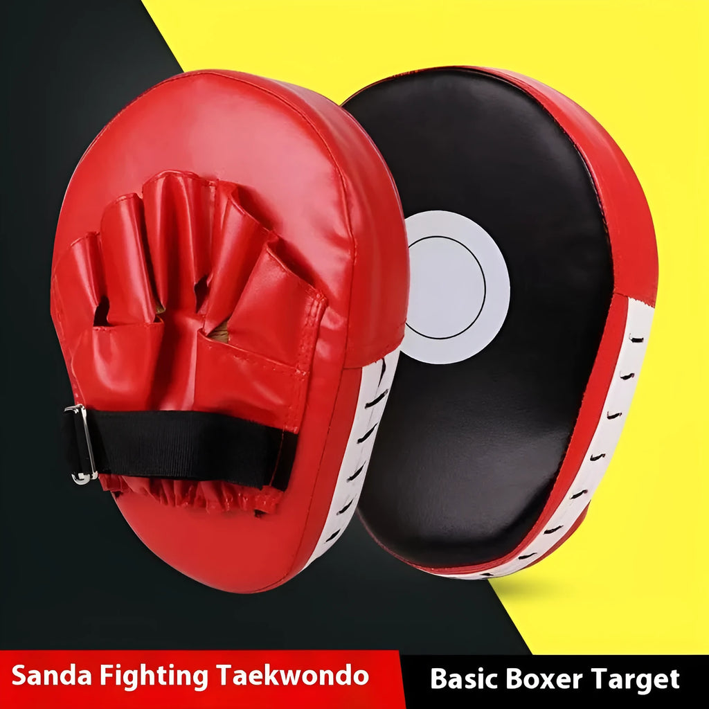 A pair of PU punch mitts for boxing and Muay Thai training, shown in a red edge and black surface colour variant.