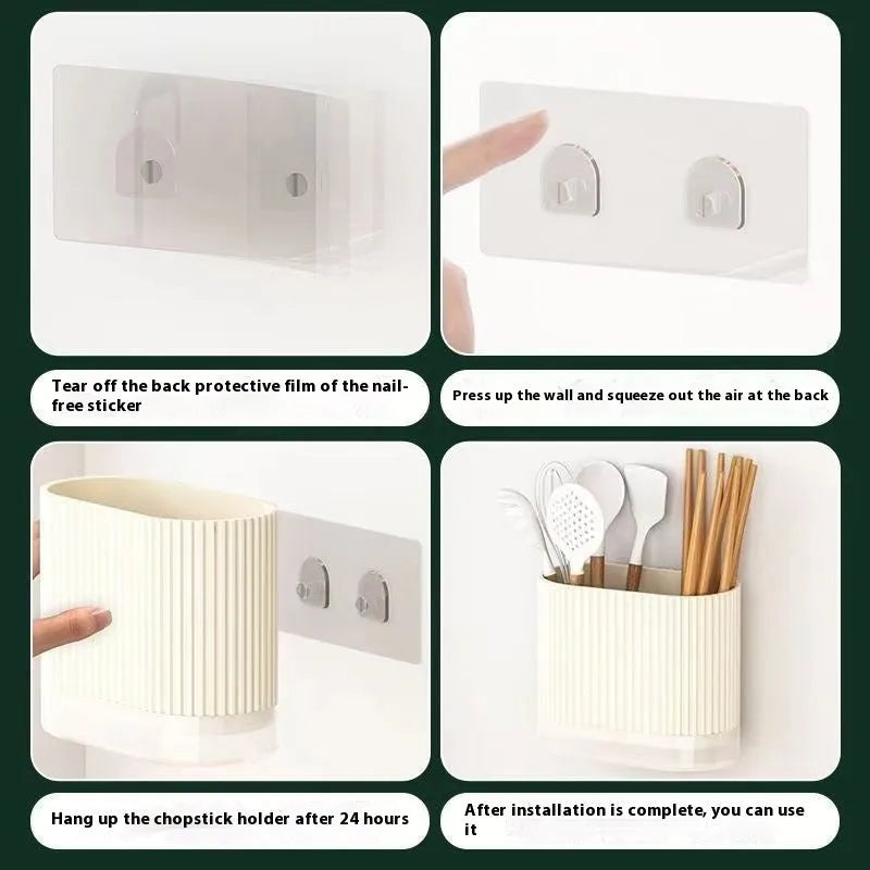 Plastic wall-mounted chopsticks tube and spoon basket organiser in beige, dark green, or orange.