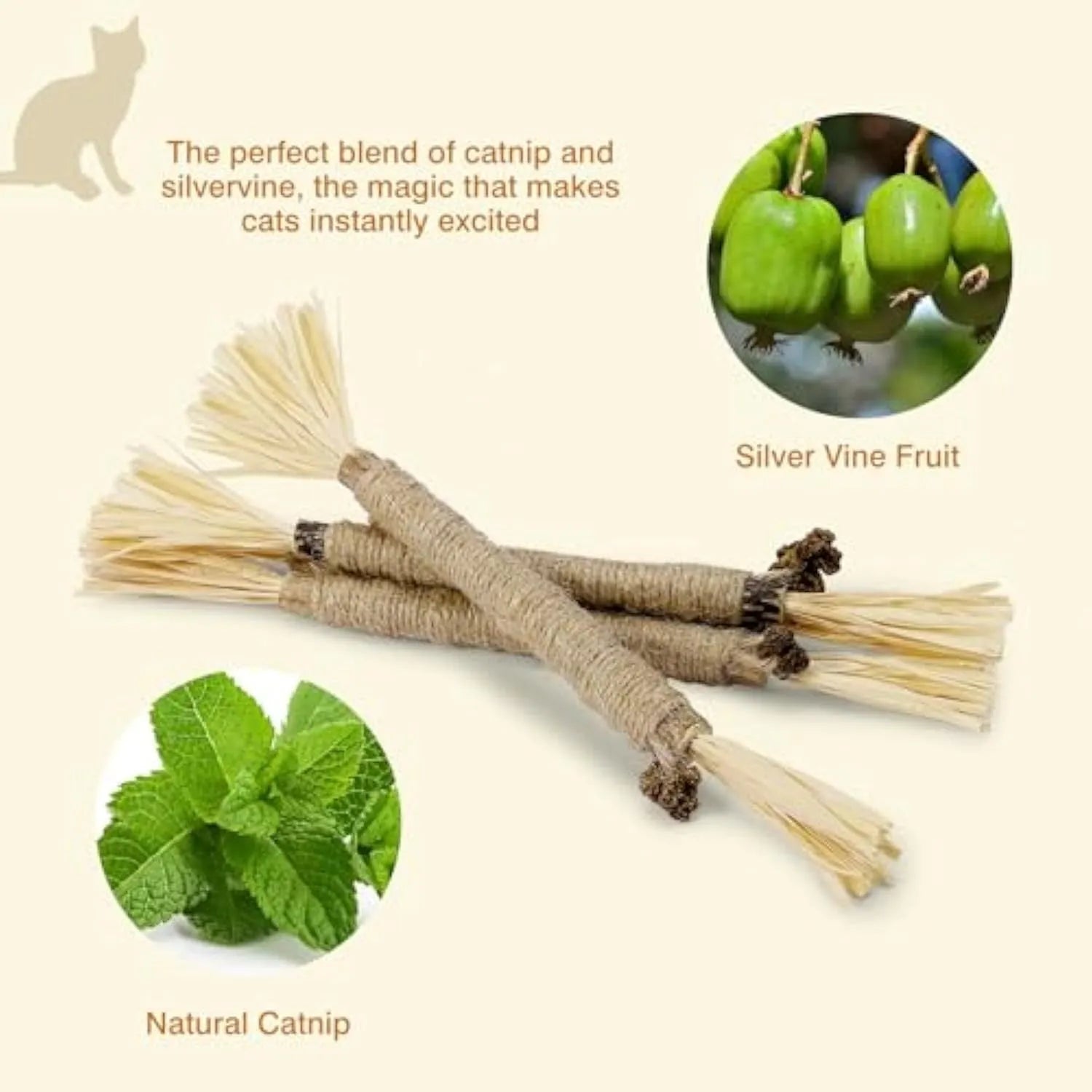 Three natural silvervine chew sticks for cats with sisal rope, shown with Fine and Thick diameter options.