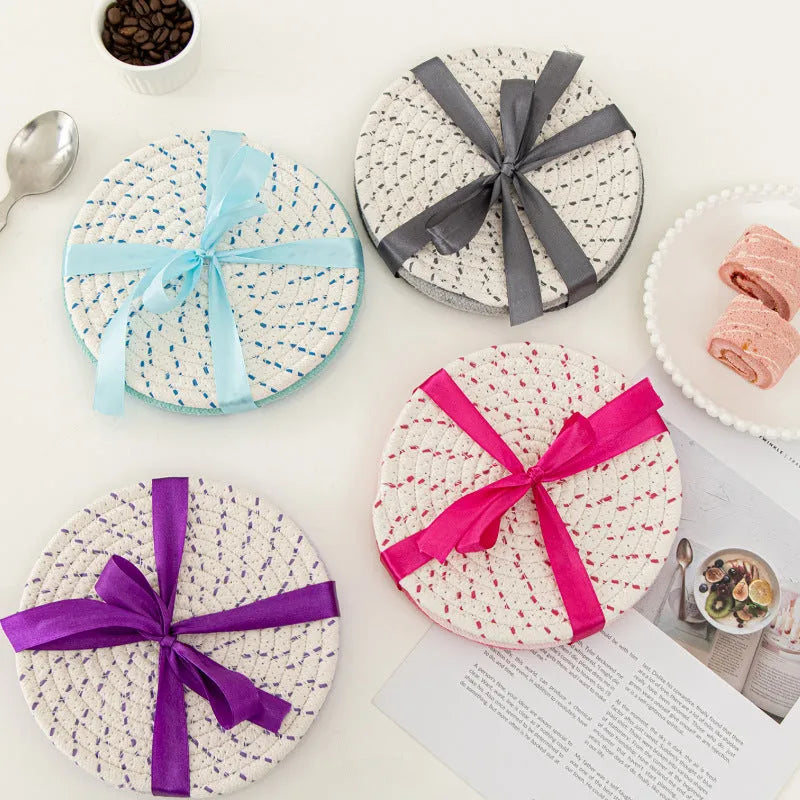 Three round cotton cord coasters in modern simplicity design with 18cm diameter