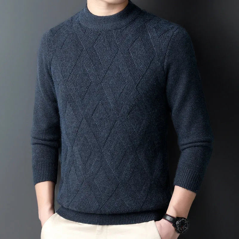 Men's thick diamond jacquard winter sweater in wool blend shown in light camel colour