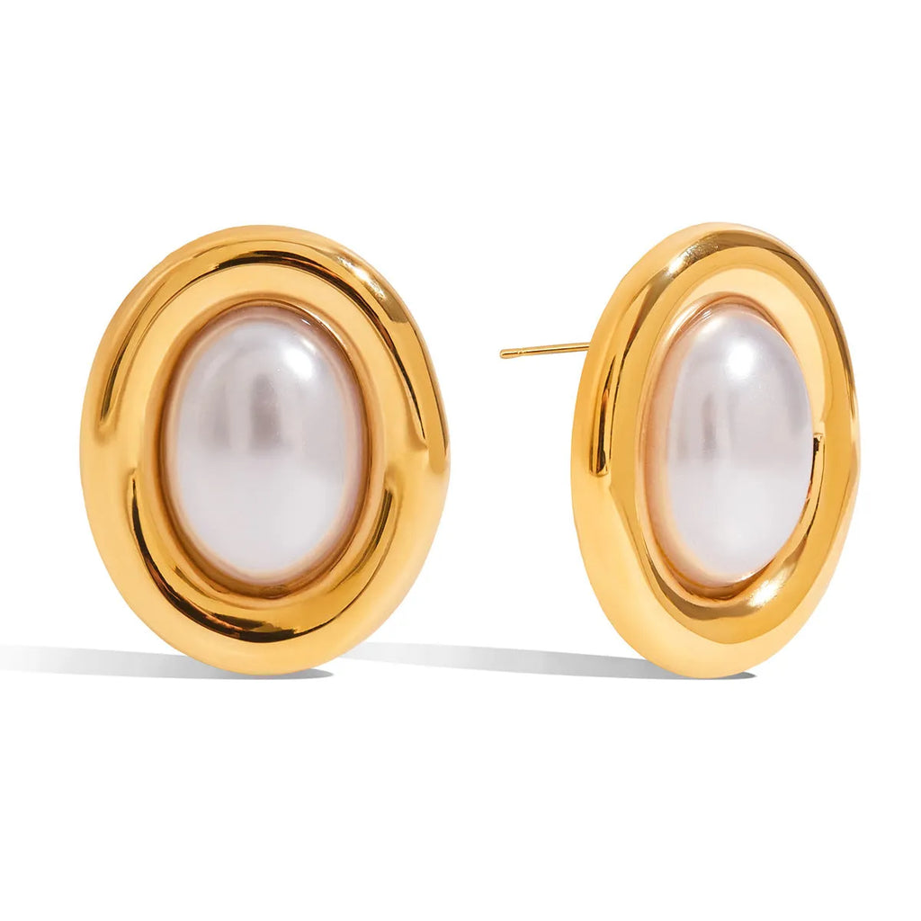 Silver-tone stainless steel vintage pearl ear studs for women with electroplated non-fading finish