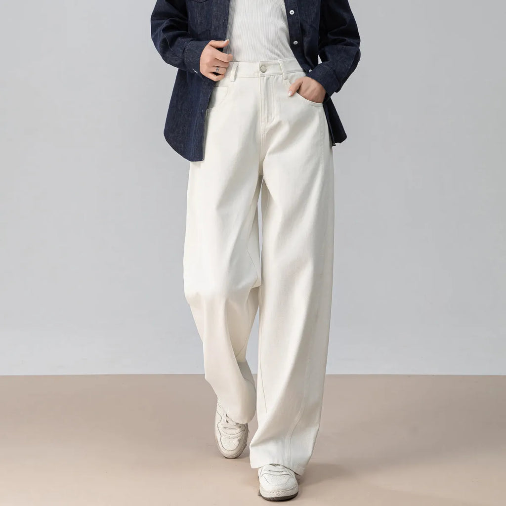 High-waisted curved sickle wide-leg pants in off-white soft denim cotton trousers with slight stretch for women