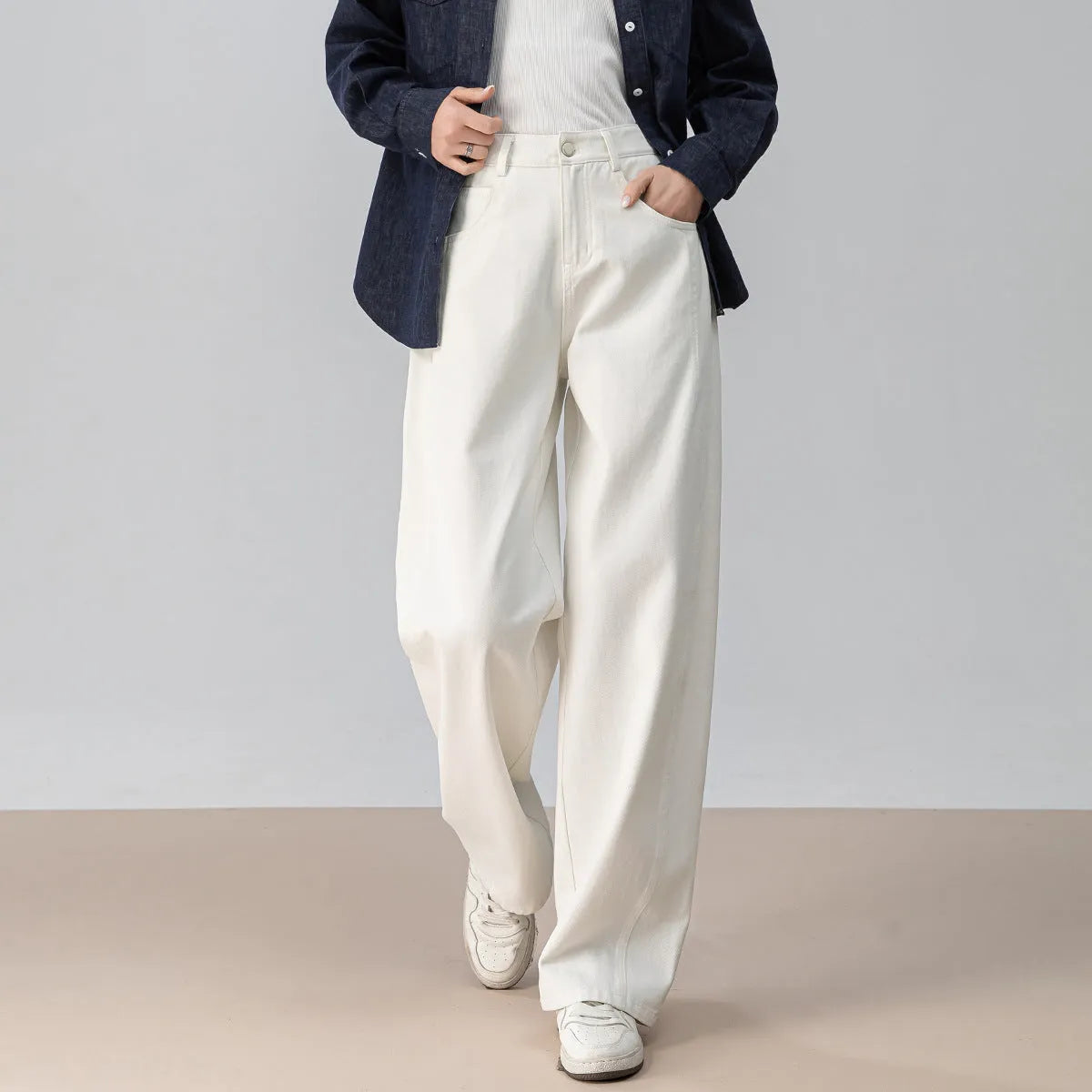 High-waisted curved sickle wide-leg pants in off-white soft denim cotton trousers with slight stretch for women