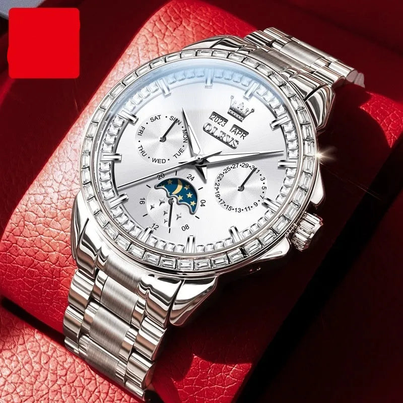 Men's automatic mechanical watch with diamond dial on stainless steel strap