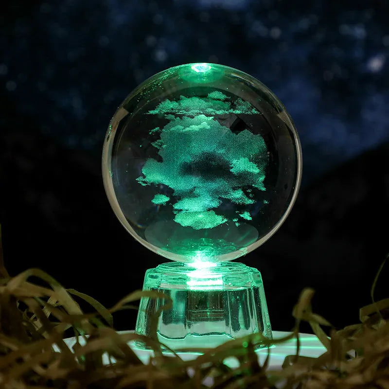 White crystal ball ornament with inner carving on fixed base for tabletop display