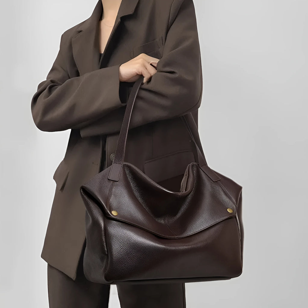 Brown genuine leather women's shoulder bag with horizontal square shape and interior organisation compartments