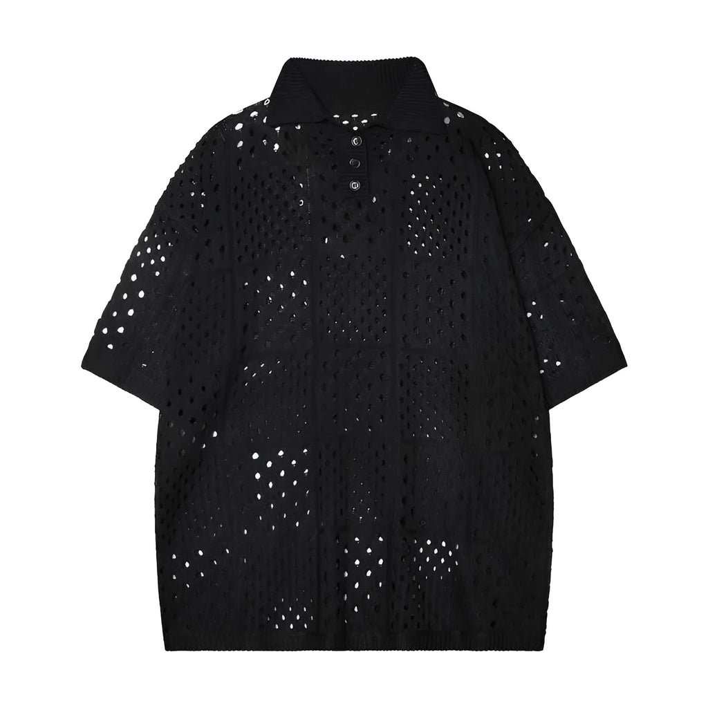 Solid colour short-sleeved polo shirt with loose fit design and hollow knit texture