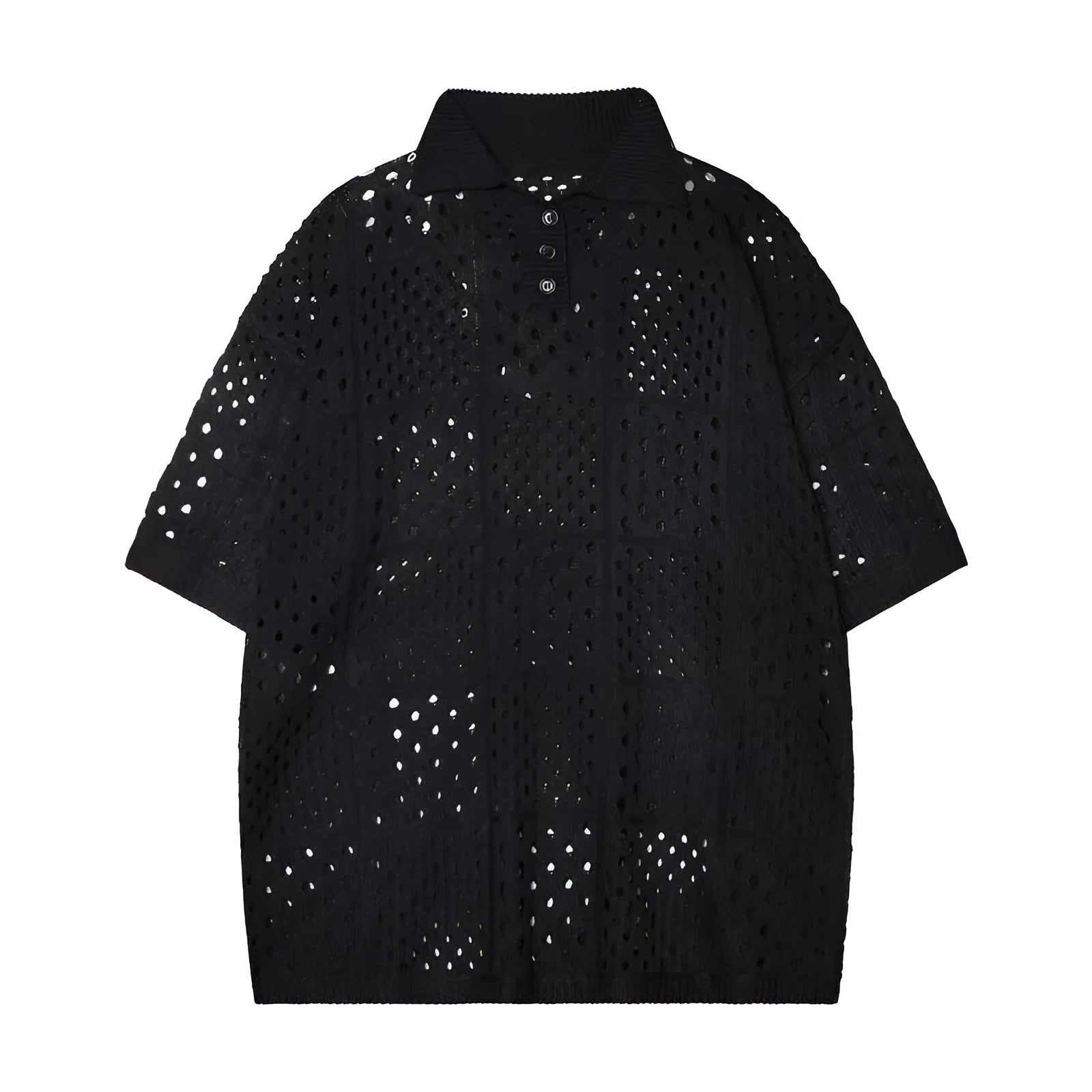 Solid colour short-sleeved polo shirt with loose fit design and hollow knit texture