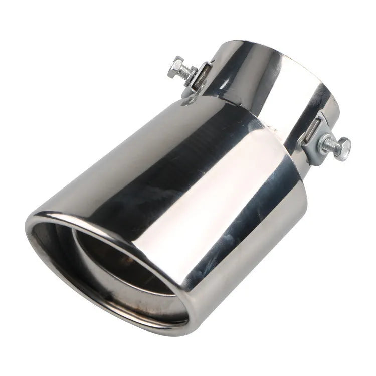Stainless steel universal car exhaust tailpipe showing straight and curved shape options in different finishes.