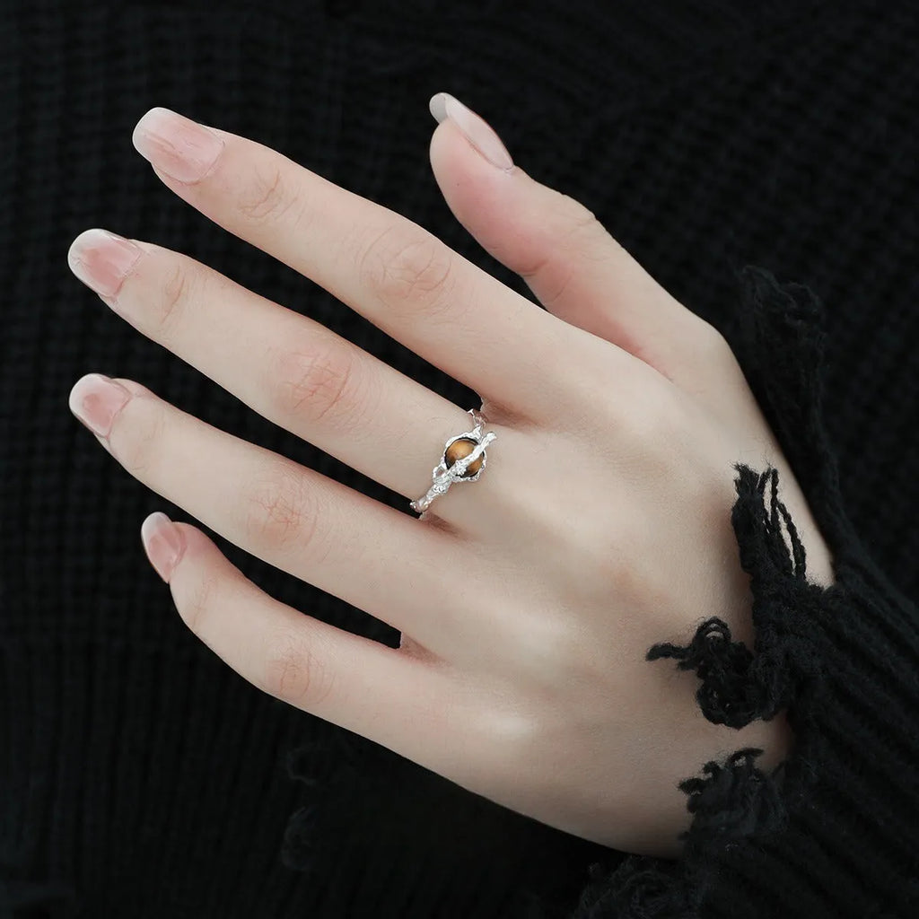 Women's adjustable open ring with Saturn design and tigereye styling in white gold electroplated silver