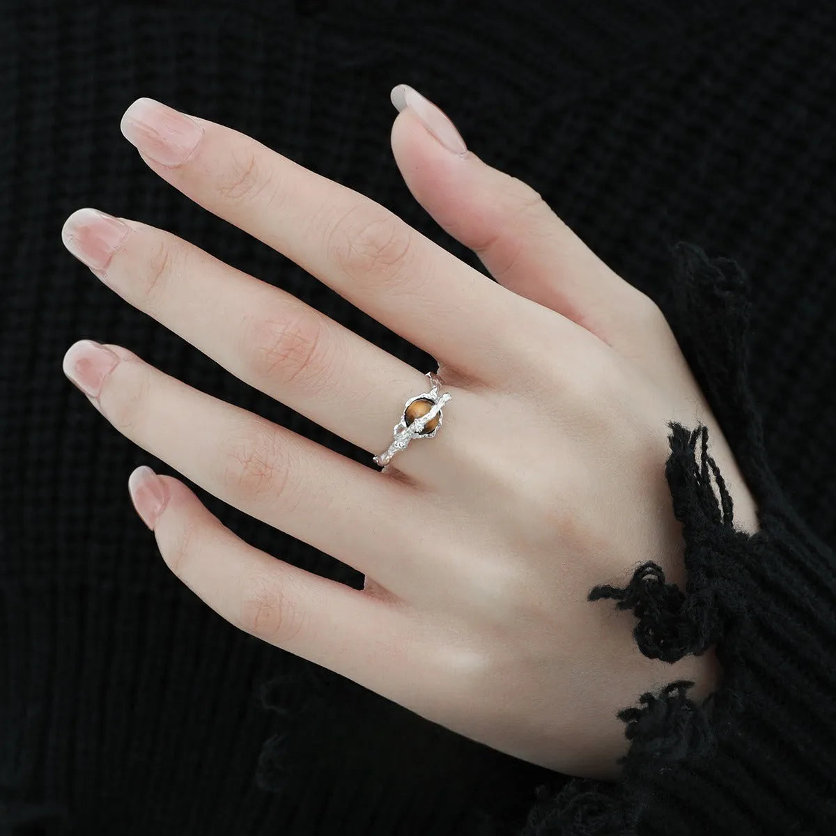 Women's adjustable open ring with Saturn design and tigereye styling in white gold electroplated silver