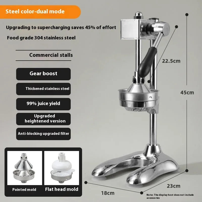 Vertical stainless steel manual juicer with multiple tip and colour options