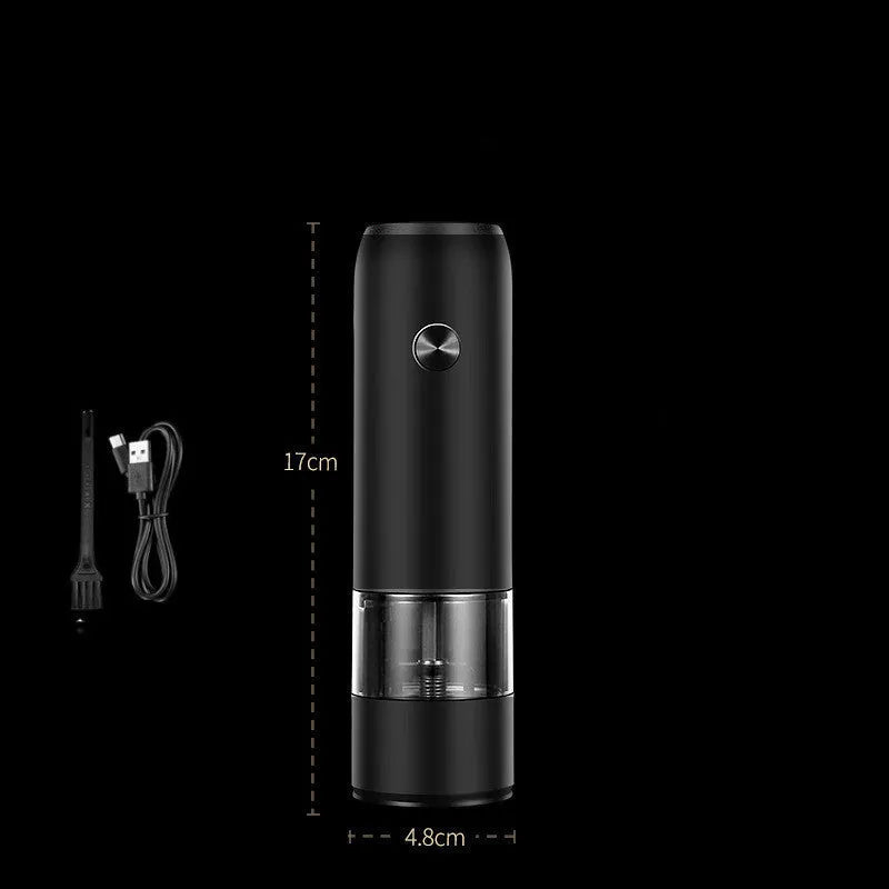 Rechargeable electric pepper and salt grinder set with USB cable, ceramic mechanism, and LED light in black and white