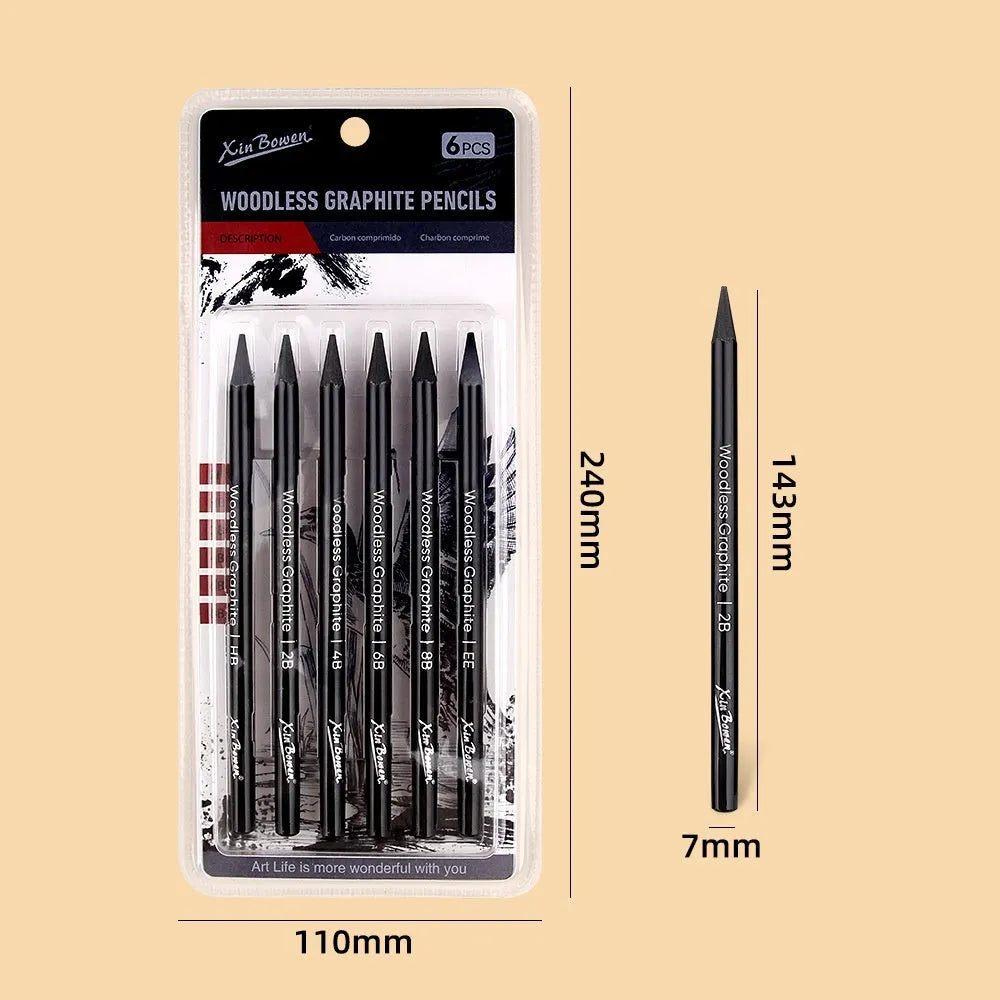 Wood-free graphite sketching pencils set with six hardness grades for art projects