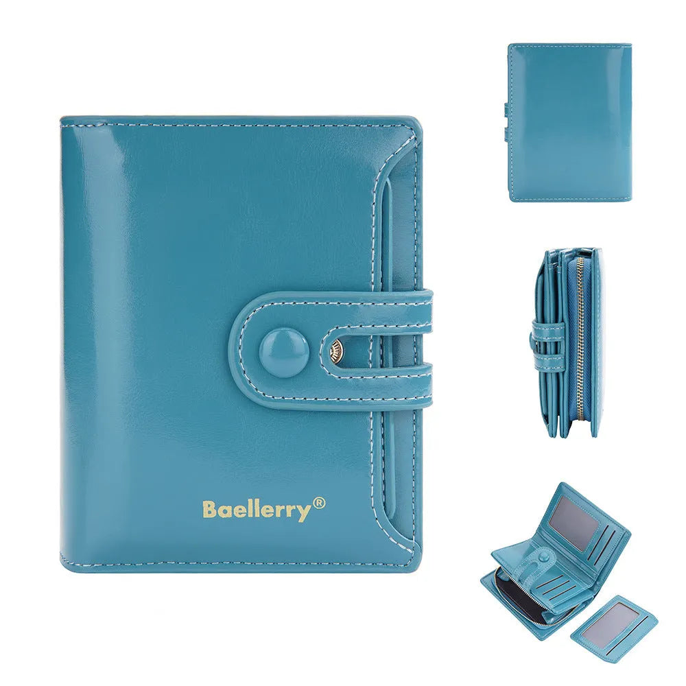 Women's PU leather card holder wallet shown in available colours: black, white, blue, red, green, brown, pink, orange.